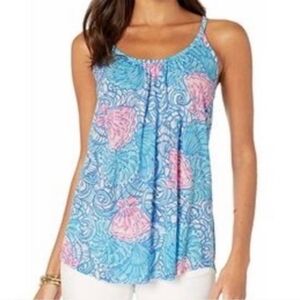 Lilly Pulitzer Lacy Top Blue Have Shell Blue Pink Sleeveless Cotton Modal White